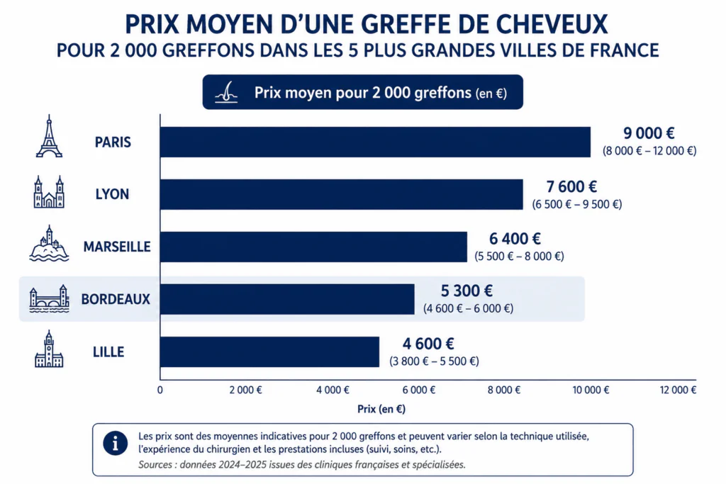 Prix moyen greffe de cheveux 2000 greffons bordeaux comparatif ville de france