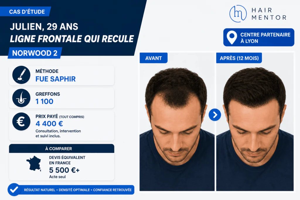Cas n°1, Julien, 29 ans, ligne frontale qui recule (Norwood 2)