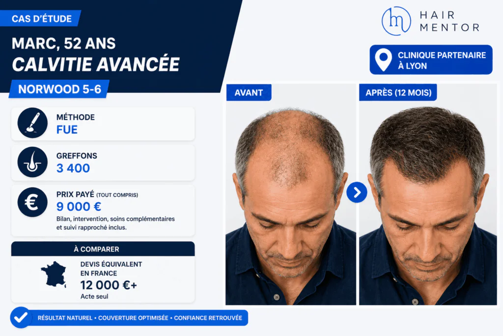 Cas n°2, Marc, 52 ans, calvitie installée sur le dessus (Norwood 5-6)
