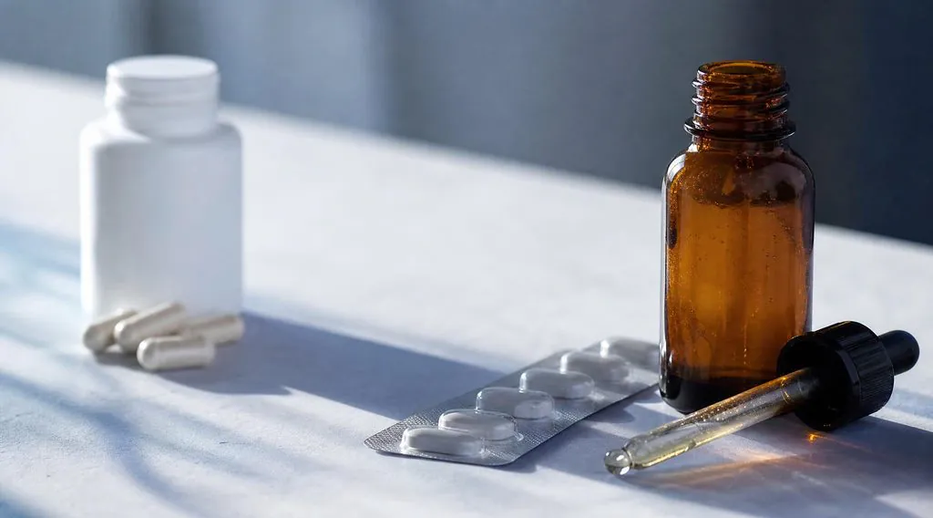 Complément alimentaire flou à gauche et traitements médicaux nets à droite, illustrant la différence entre appoint et traitement de la calvitie