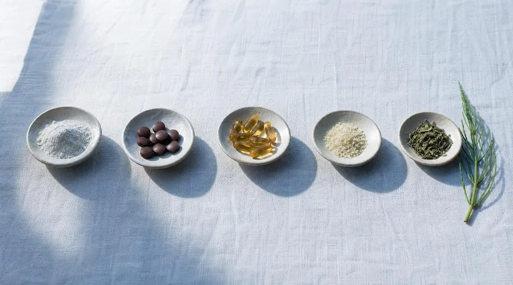 Différentes formes de compléments capillaires présentées en coupelles, illustrant l'analyse des ingrédients réellement actifs