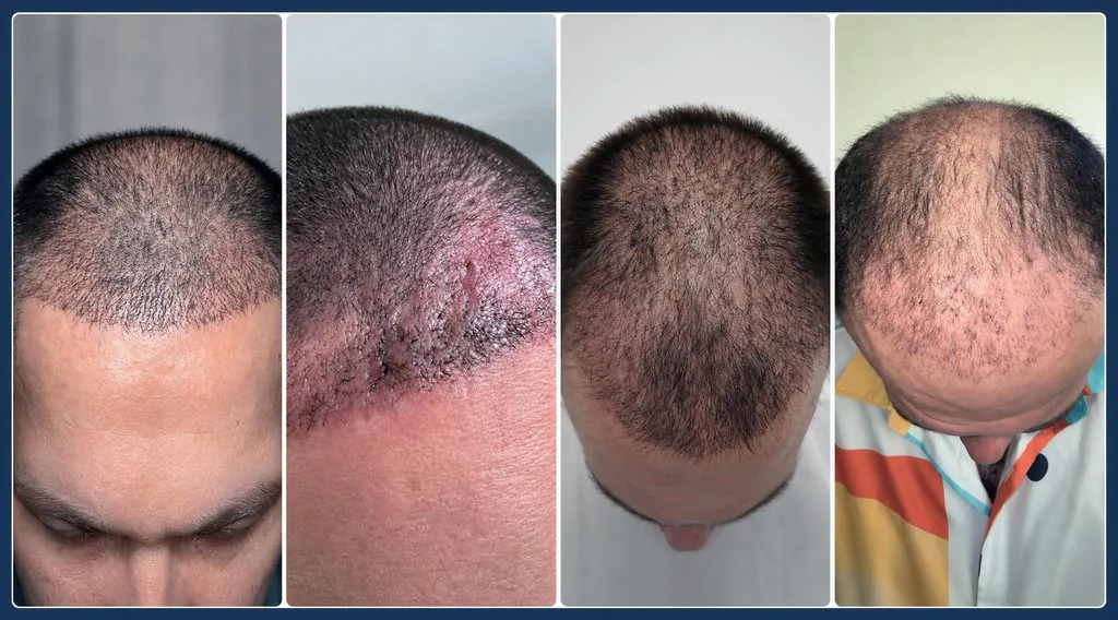 Exemples de cuirs chevelus un mois après une greffe de cheveux croûtes tombées, rougeur en cours de résorption et aucune repousse visible.