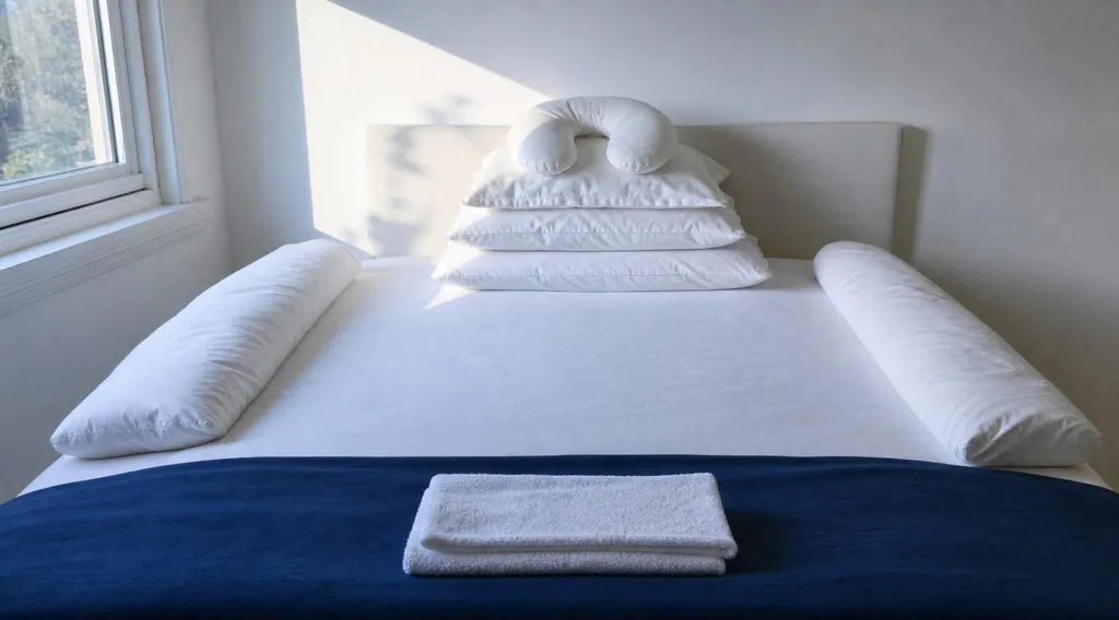 Installation avec oreillers et coussin cervical pour dormir après une greffe