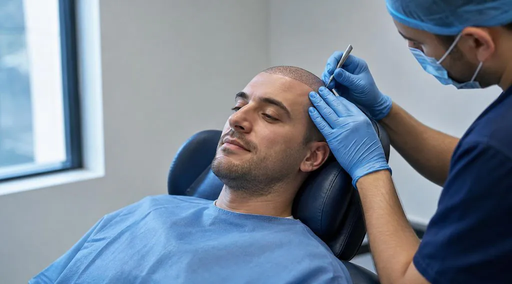Entspannter Patient während seiner Haartransplantation unter örtlicher Betäubung