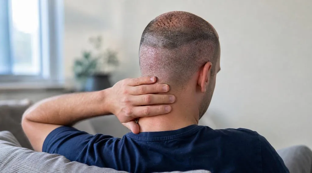 Leicht empfindliche Spenderzone am Tag nach einer Haartransplantation