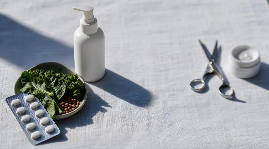 Traitements et aliments au premier plan, ciseaux et crème cosmétique en arrière-plan flou, illustrant ce qui agit réellement sur la pousse