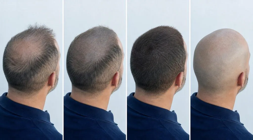Quatre options comparées côte à côte pour une calvitie avancée : greffe, micropigmentation, prothèse et crâne rasé