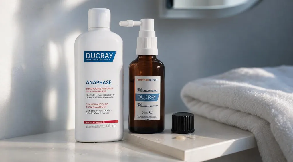 Produits Ducray anti-chute posés dans une salle de bain, illustrant notre avis final sur la gamme