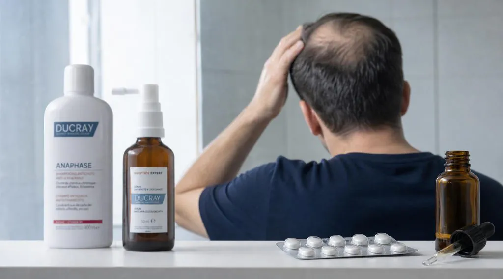 Homme constatant un recul de sa ligne frontale devant des soins capillaires et des traitements médicaux, illustrant les limites des cosmétiques face à la calvitie