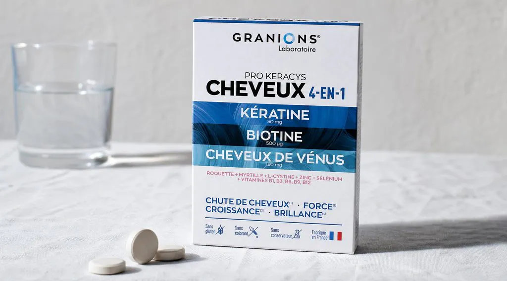 Boîte de Granions Pro Keracys et ses comprimés posés sur une table, illustrant l'avis final sur ce complément capillaire