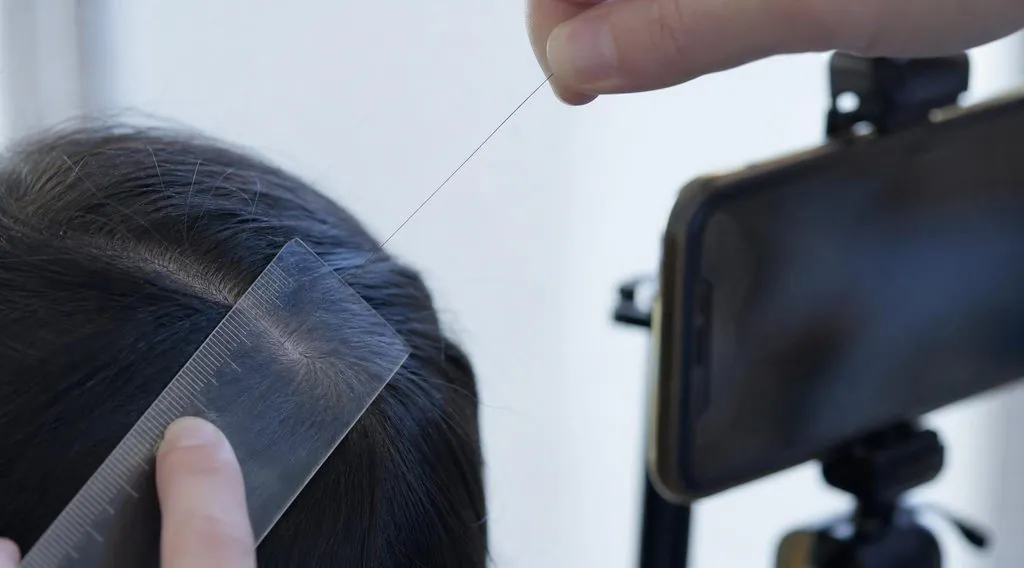 Règle posée le long d'une raie avec un téléphone sur trépied, illustrant la méthode pour mesurer sa vitesse de pousse
