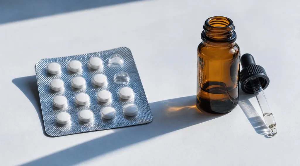 Comprimés et flacon compte-gouttes posés côte à côte, illustrant l'association des traitements médicaux contre la calvitie du vertex