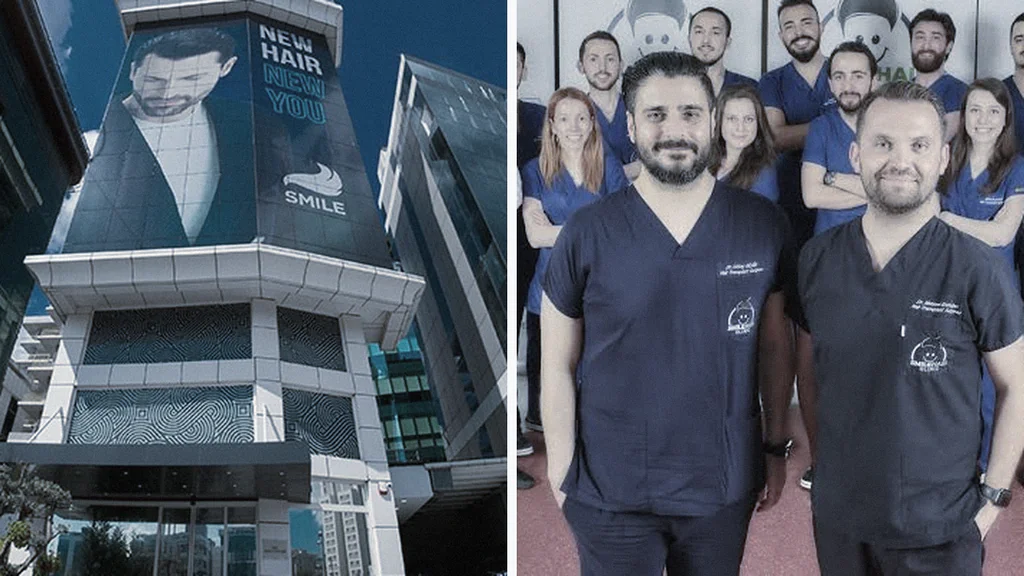 Smile Hair Clinic à Istanbul  le bâtiment de la clinique à Ümraniye et l'équipe médicale menée par les Dr Mehmet Erdoğan et Gökay Bilgin