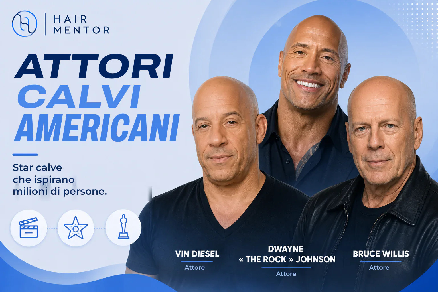 Ritratti di Vin Diesel, Dwayne Johnson e Bruce Willis, attori calvi