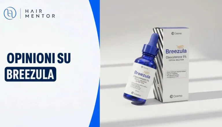 Flacone e confezione di Breezula al clascoterone su sfondo blu