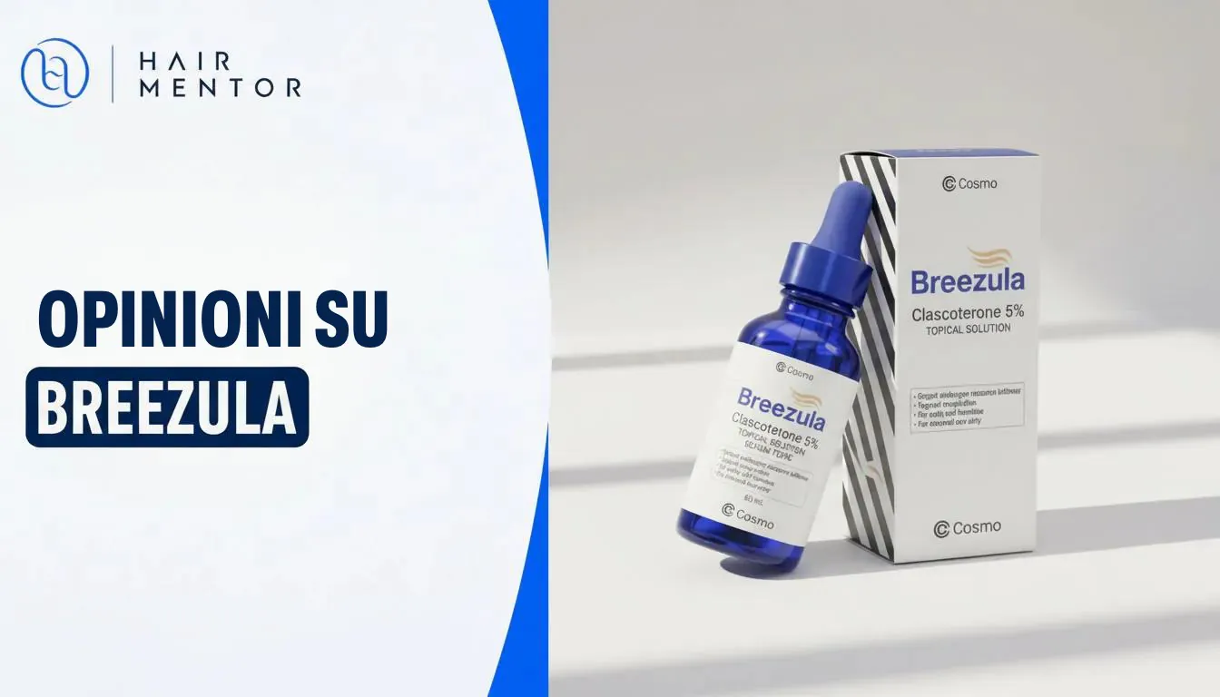 Flacone e confezione di Breezula al clascoterone su sfondo blu