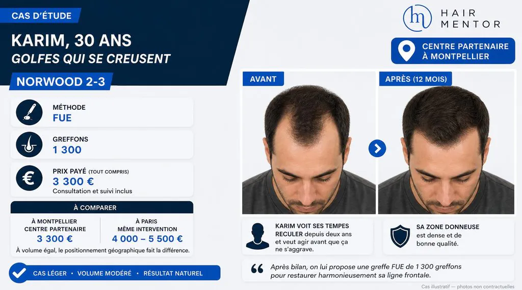 Cas d'étude de Karim, 30 ans, greffe FUE de 1 300 greffons à Montpellier pour des golfes dégarnis