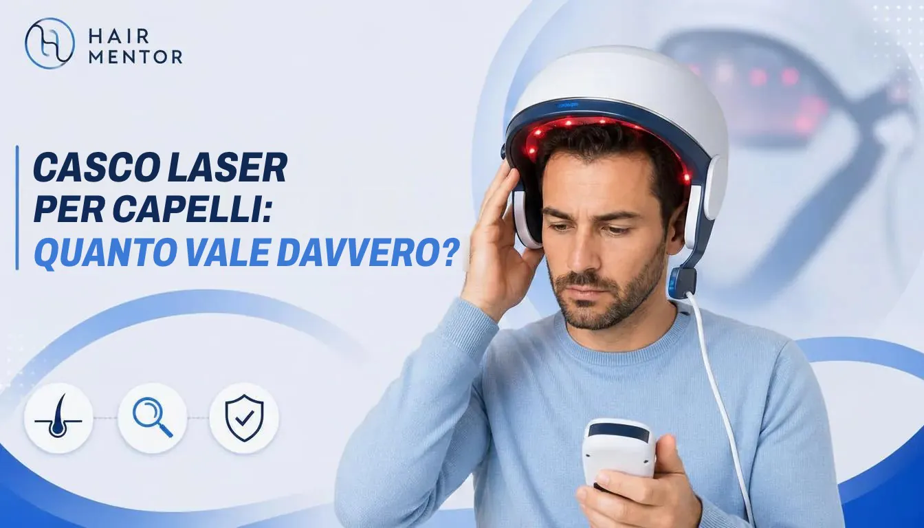 Uomo che indossa un casco laser a bassa energia per i capelli