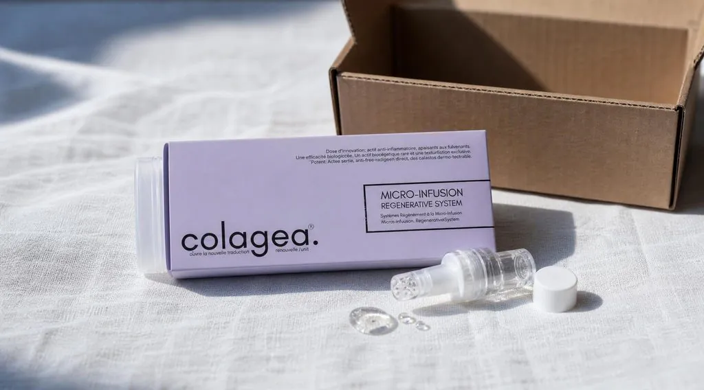 Sérum Colagea avec son applicateur détaché à côté d'un carton d'expédition, illustrant notre avis final