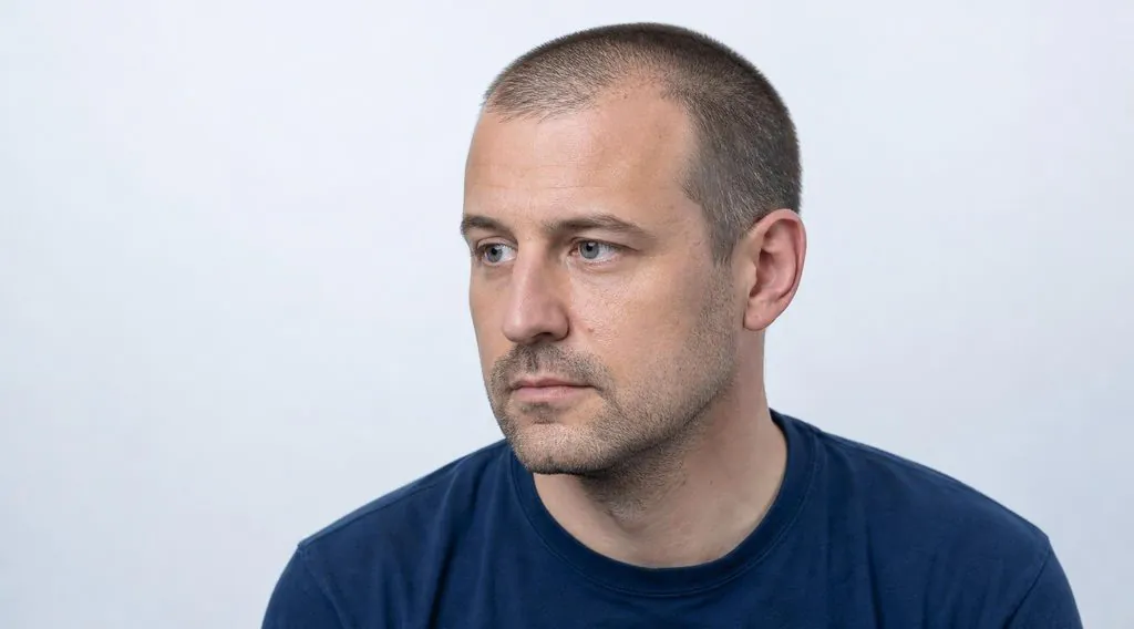 Homme de 35 ans portant un buzz cut à 6 mm, coupe uniforme qui atténue les golfes