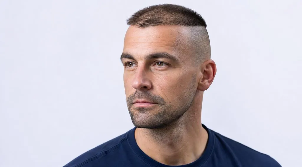 High and tight militaire sur un homme au sommet du crâne clairsemé
