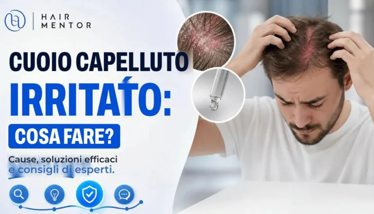 Primo piano di un cuoio capelluto arrossato e irritato, con un uomo che si gratta