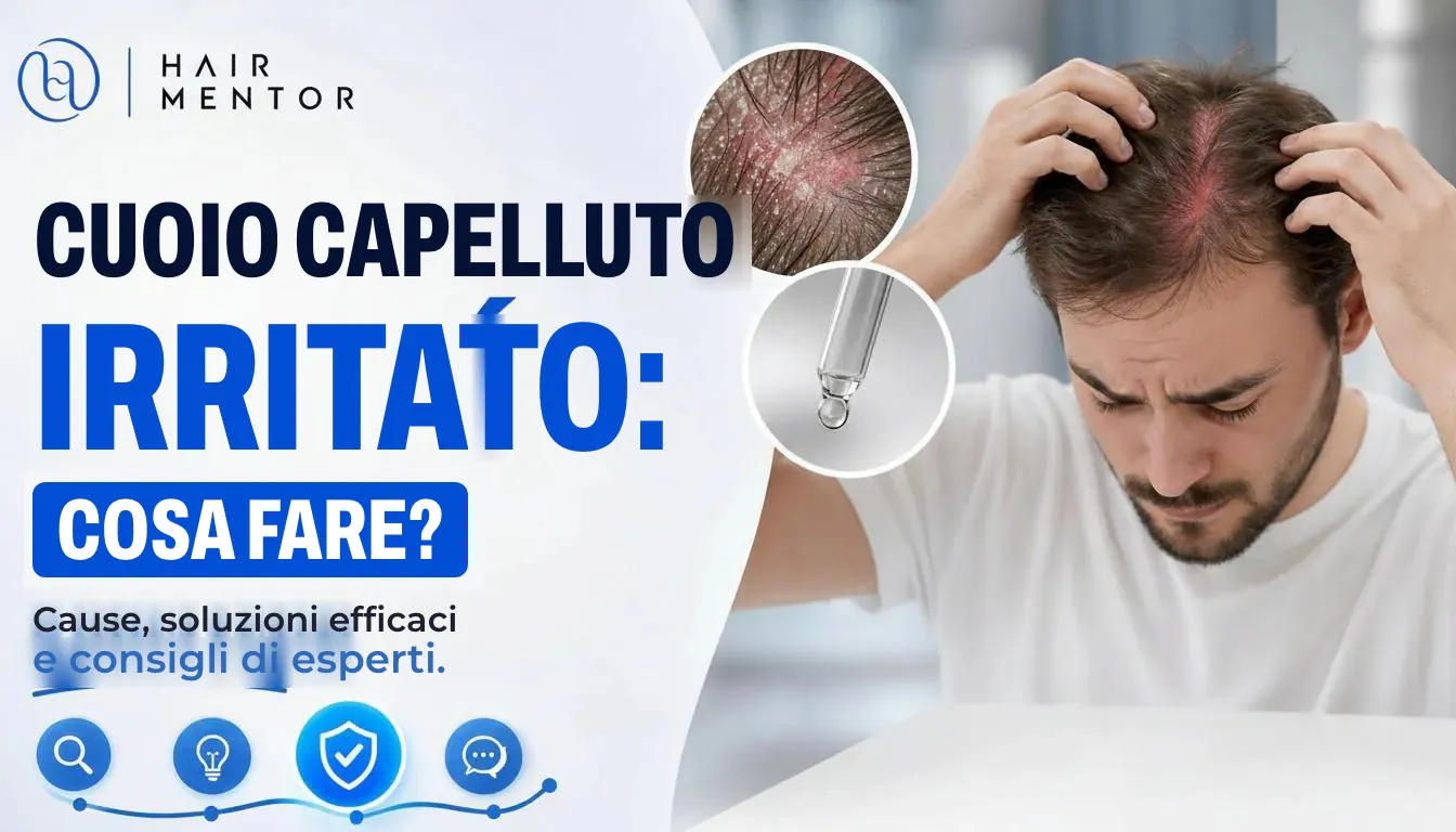 Primo piano di un cuoio capelluto arrossato e irritato, con un uomo che si gratta