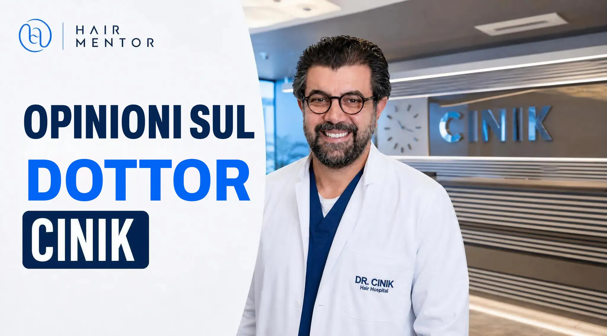Medico in camice davanti all'insegna della clinica Cinik