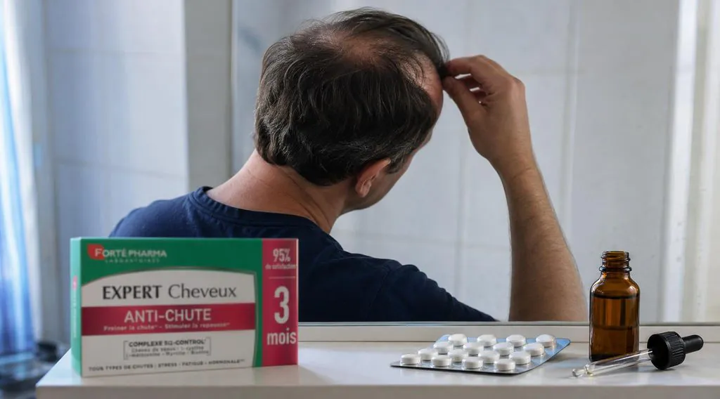 Homme constatant un recul de sa ligne frontale devant un complément Forté Pharma et des traitements médicaux, illustrant les limites des compléments face à la calvitie