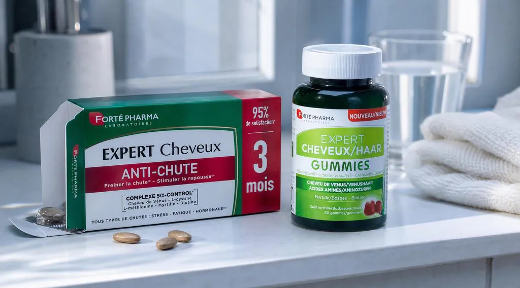Produits Forté Pharma Expert Cheveux posés côte à côte, illustrant notre avis final sur la gamme