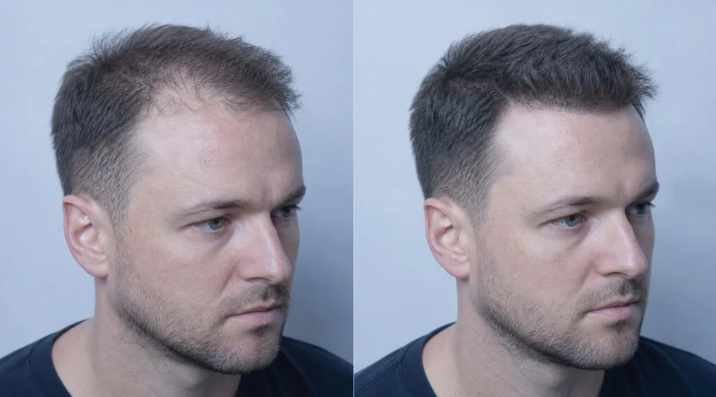 Greffe de cheveux avant et après 10 mois, vue de trois quarts