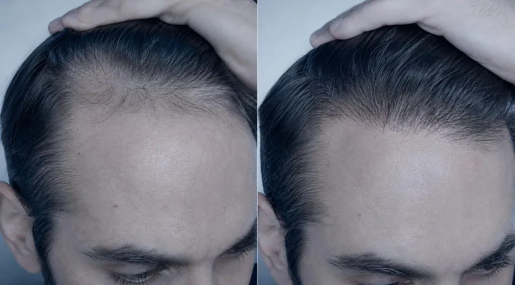 Ligne frontale avant et 18 mois après une greffe de cheveux, cheveux relevés