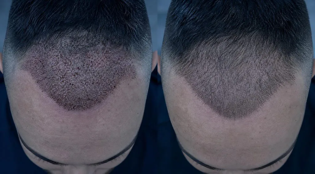 Greffe de cheveux à J+1 avec croûtes puis à J+10 après cicatrisation