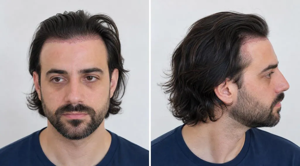 Greffe de cheveux sans rasage juste après l'opération, cheveux longs conservés