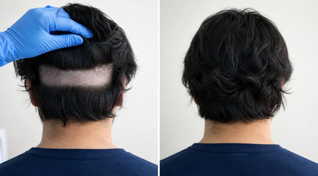 Zone donneuse avec une bande rasée cachée sous les cheveux longs après une greffe