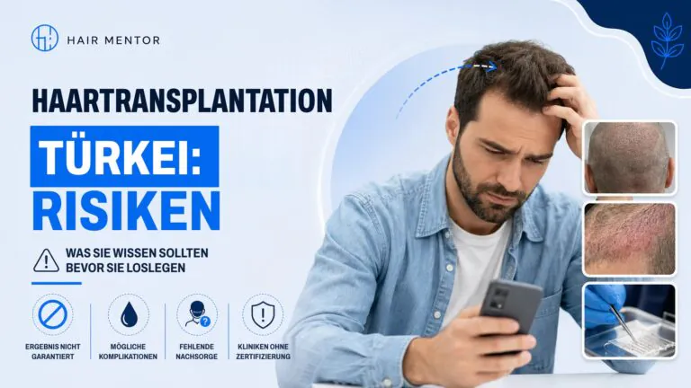 Mann recherchiert Risiken einer Haartransplantation in der Türkei