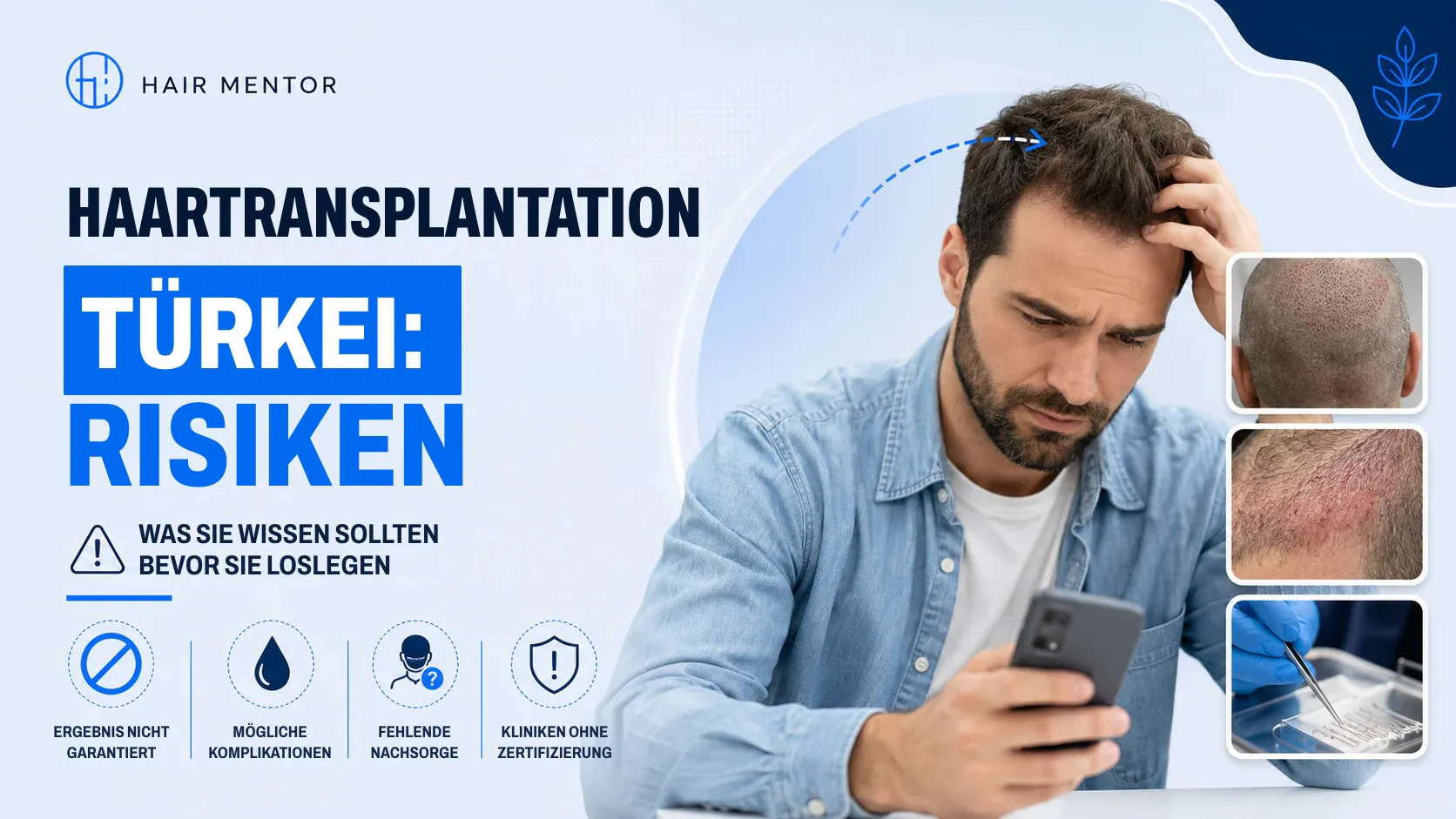 Mann recherchiert Risiken einer Haartransplantation in der Türkei