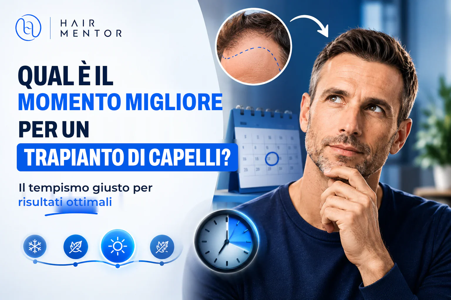 Uomo pensieroso accanto a un calendario e a un'illustrazione dell'attaccatura