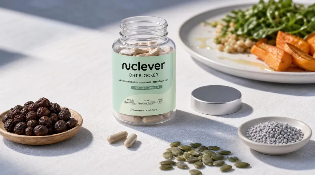 Nuclever DHT Blocker entouré de baies de palmier nain, graines de courge et zinc, ses trois actifs