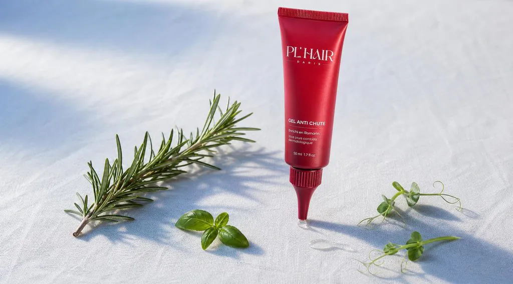 Gel Anti Chute PL'Hair et sa branche de romarin, actif principal du soin sans rinçage