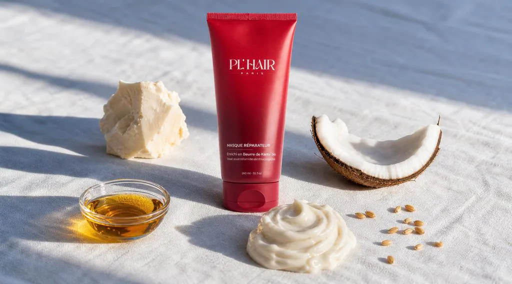 Masque Réparateur PL'Hair entouré de karité, ricin et coco, ses actifs nourrissants