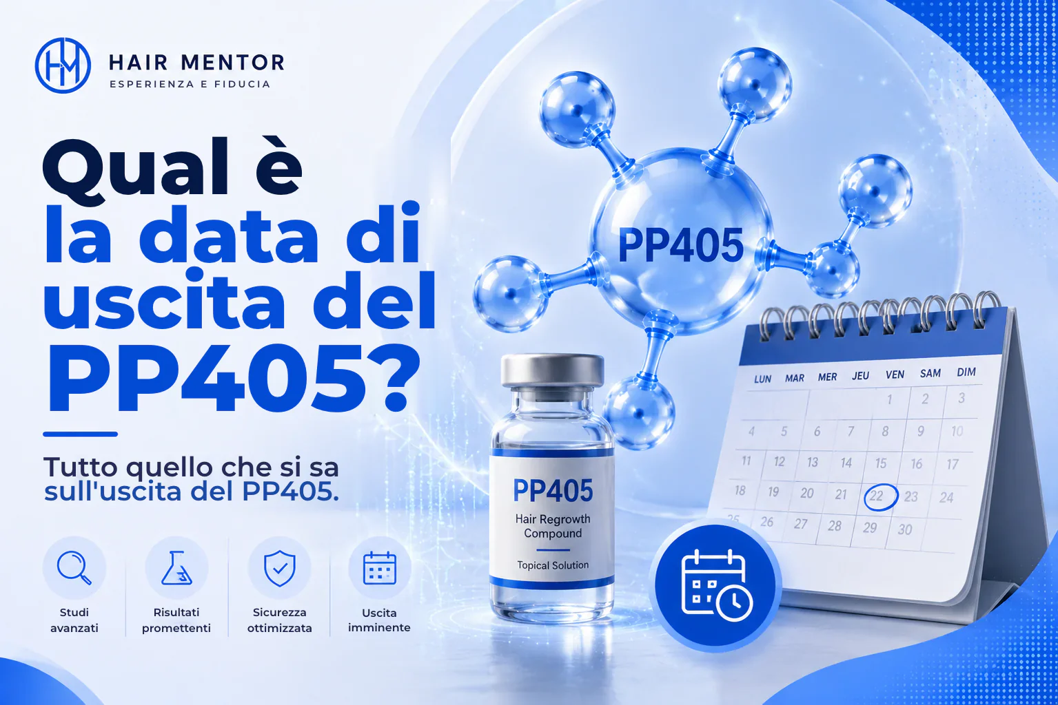 Flacone di PP405 posato accanto a un calendario