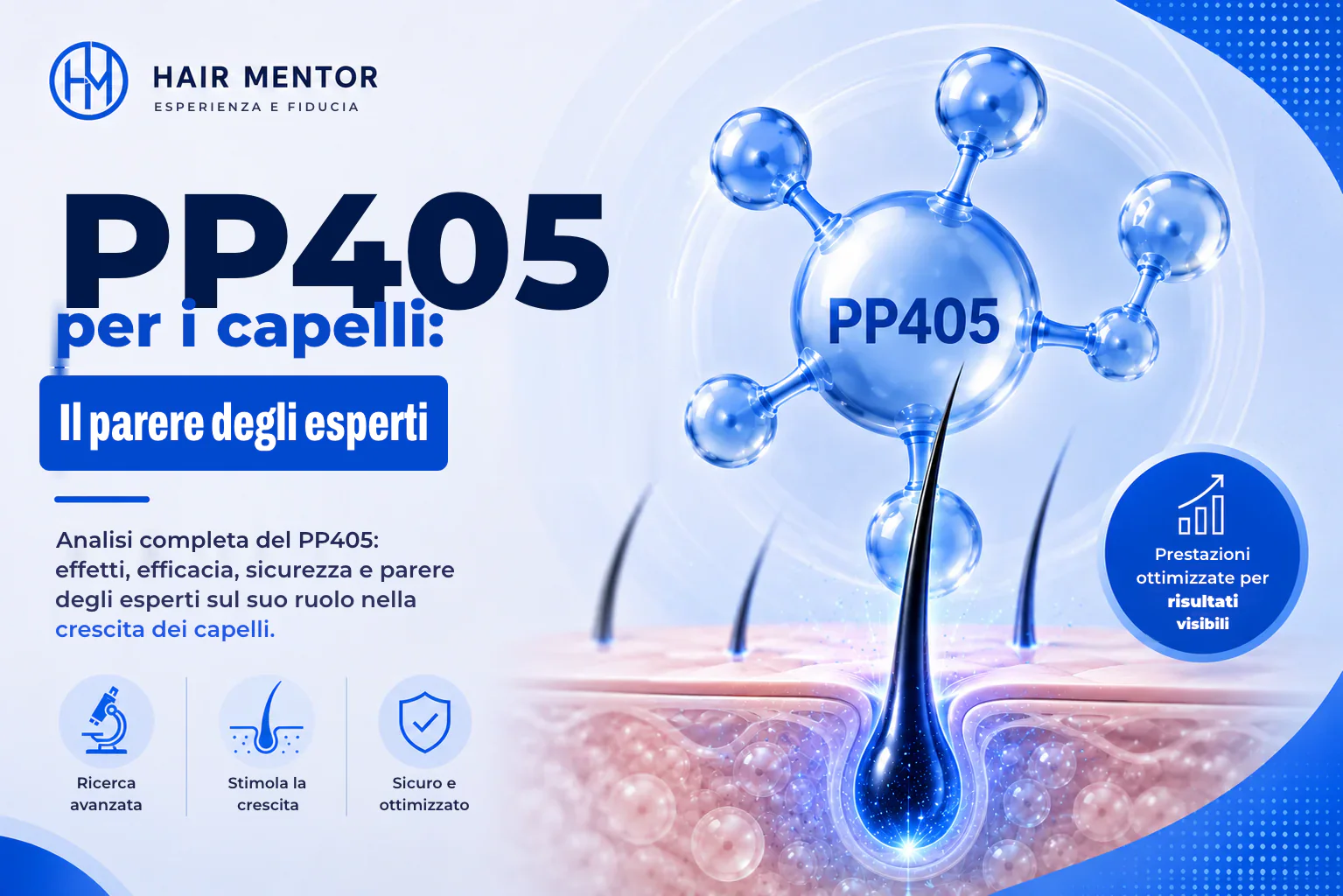 Molecola del PP405 e illustrazione del cuoio capelluto