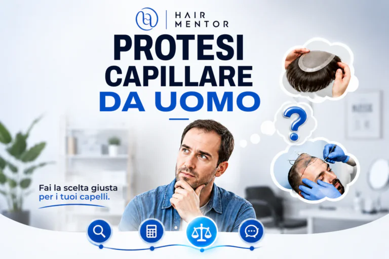 Uomo pensieroso circondato da immagini di protesi capillari