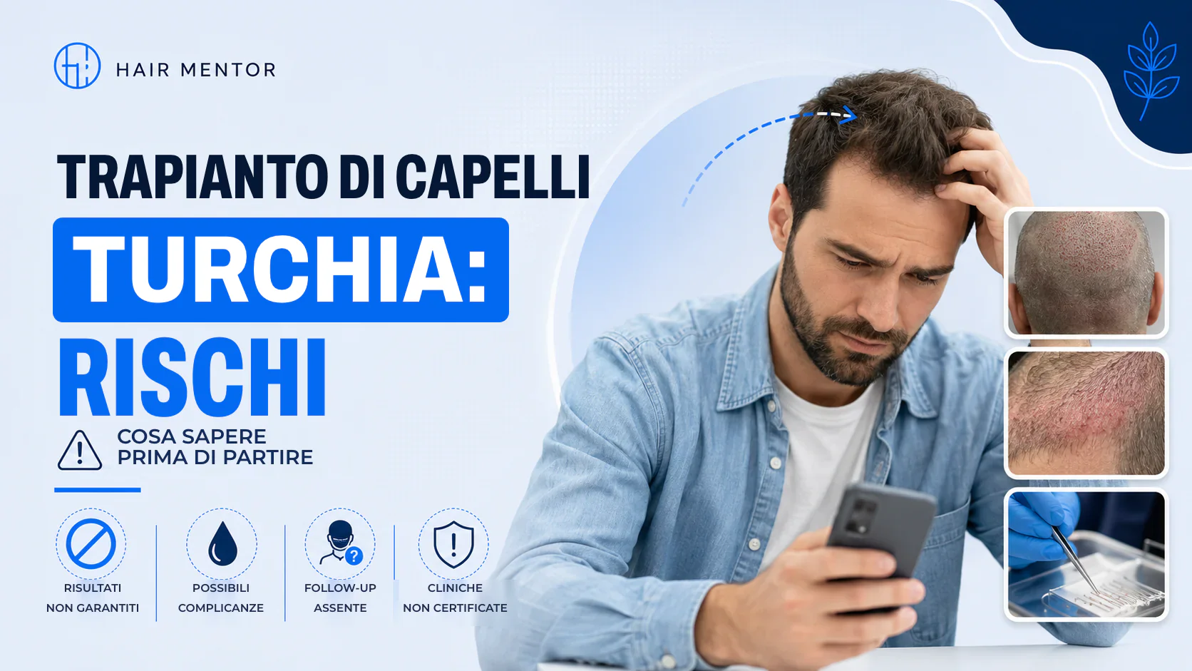 Uomo che consulta il telefono accanto a fotografie di complicanze post-operatorie