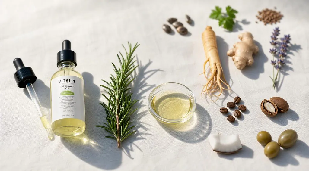 Sérum Vitalis entouré de ses seize ingrédients végétaux, le romarin au premier plan comme seul actif documenté