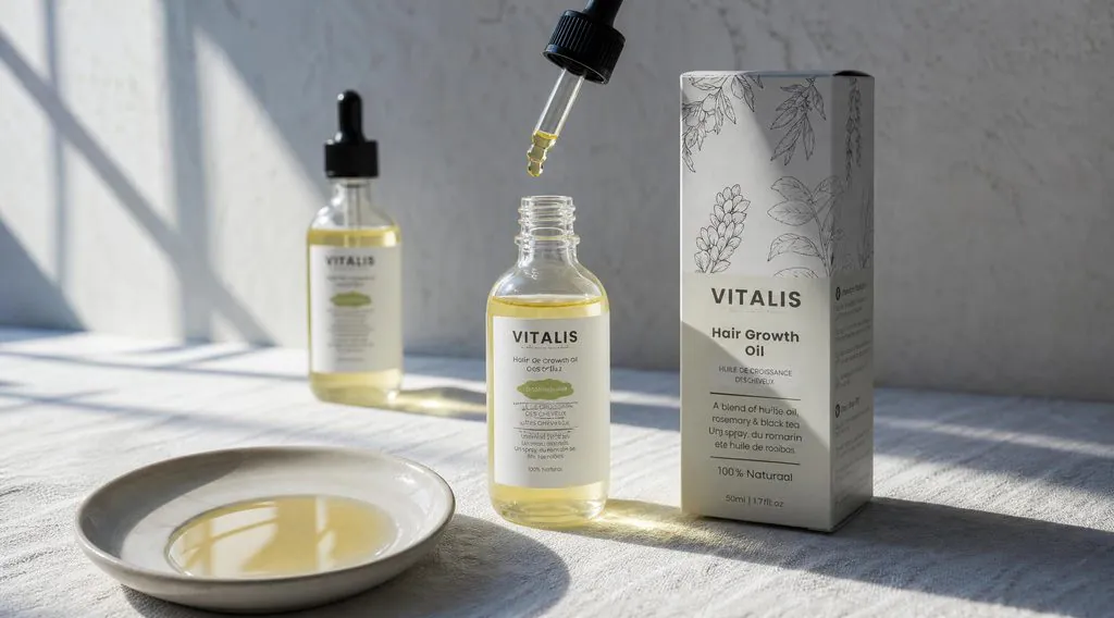 Flacon de sérum Vitalis et sa pipette, illustrant la présentation de cette huile capillaire vendue en ligne